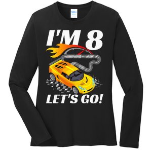 Kids 8 Year Old 8th Racing Racecar Birthday Party Ladies Long Sleeve Shirt