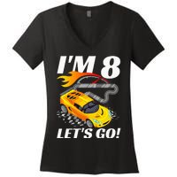 Kids 8 Year Old 8th Racing Racecar Birthday Party Women's V-Neck T-Shirt