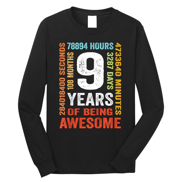 Kids 9th Birthday 9 Years Old Vintage Retro 108 Months Boy Girl Long Sleeve Shirt