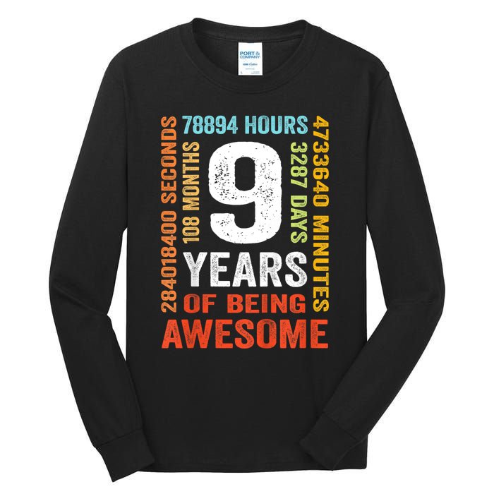 Kids 9th Birthday 9 Years Old Vintage Retro 108 Months Boy Girl Tall Long Sleeve T-Shirt