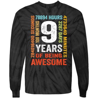 Kids 9th Birthday 9 Years Old Vintage Retro 108 Months Boy Girl Tie-Dye Long Sleeve Shirt