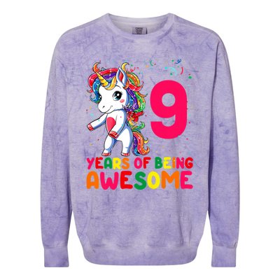 Kids 9 Years Old Unicorn Flossing 9th Birthday Girl Unicorn Party Colorblast Crewneck Sweatshirt