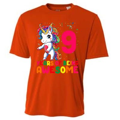 Kids 9 Years Old Unicorn Flossing 9th Birthday Girl Unicorn Party Cooling Performance Crew T-Shirt