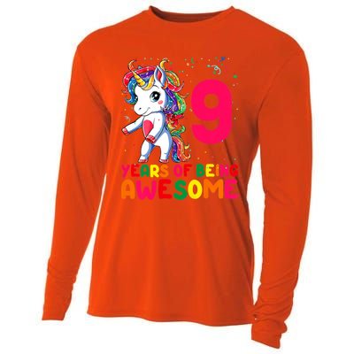 Kids 9 Years Old Unicorn Flossing 9th Birthday Girl Unicorn Party Cooling Performance Long Sleeve Crew