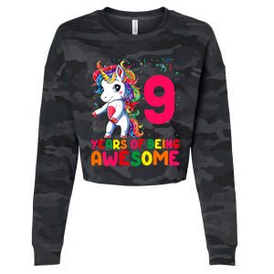 Kids 9 Years Old Unicorn Flossing 9th Birthday Girl Unicorn Party Cropped Pullover Crew