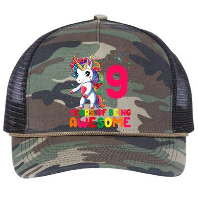 Kids 9 Years Old Unicorn Flossing 9th Birthday Girl Unicorn Party Retro Rope Trucker Hat Cap