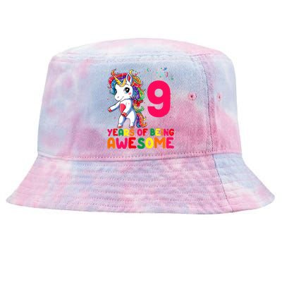 Kids 9 Years Old Unicorn Flossing 9th Birthday Girl Unicorn Party Tie-Dyed Bucket Hat