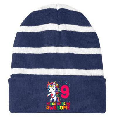 Kids 9 Years Old Unicorn Flossing 9th Birthday Girl Unicorn Party Striped Beanie with Solid Band