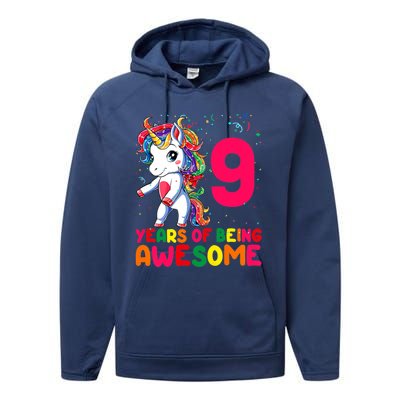 Kids 9 Years Old Unicorn Flossing 9th Birthday Girl Unicorn Party Performance Fleece Hoodie