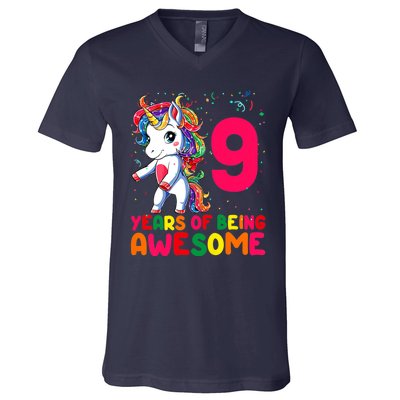 Kids 9 Years Old Unicorn Flossing 9th Birthday Girl Unicorn Party V-Neck T-Shirt