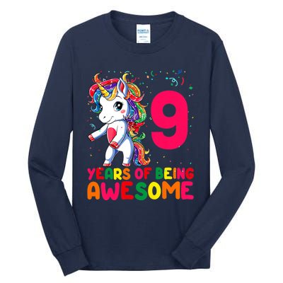 Kids 9 Years Old Unicorn Flossing 9th Birthday Girl Unicorn Party Tall Long Sleeve T-Shirt