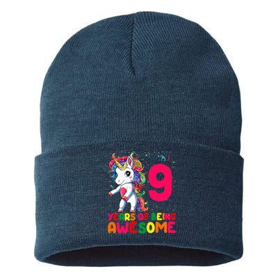 Kids 9 Years Old Unicorn Flossing 9th Birthday Girl Unicorn Party Sustainable Knit Beanie