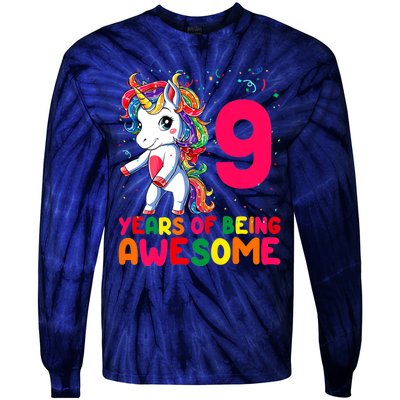 Kids 9 Years Old Unicorn Flossing 9th Birthday Girl Unicorn Party Tie-Dye Long Sleeve Shirt