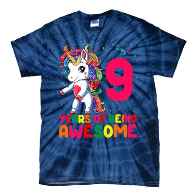 Kids 9 Years Old Unicorn Flossing 9th Birthday Girl Unicorn Party Tie-Dye T-Shirt