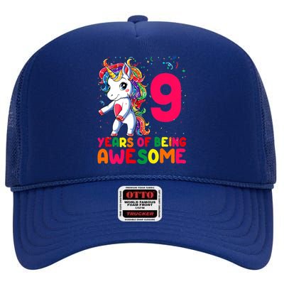 Kids 9 Years Old Unicorn Flossing 9th Birthday Girl Unicorn Party High Crown Mesh Back Trucker Hat