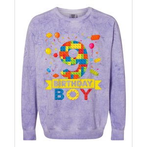 Kids 9 Year Old Building Blocks 9th Birthday Boy Colorblast Crewneck Sweatshirt