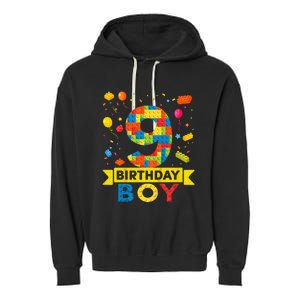 Kids 9 Year Old Building Blocks 9th Birthday Boy Garment-Dyed Fleece Hoodie