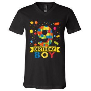 Kids 9 Year Old Building Blocks 9th Birthday Boy V-Neck T-Shirt