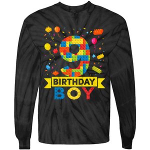 Kids 9 Year Old Building Blocks 9th Birthday Boy Tie-Dye Long Sleeve Shirt