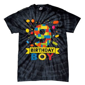 Kids 9 Year Old Building Blocks 9th Birthday Boy Tie-Dye T-Shirt