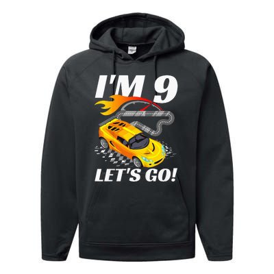 Kids 9 Year Old 9th Racing Racecar Birthday Party Performance Fleece Hoodie