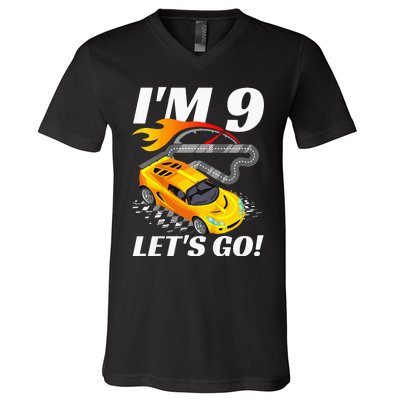 Kids 9 Year Old 9th Racing Racecar Birthday Party V-Neck T-Shirt