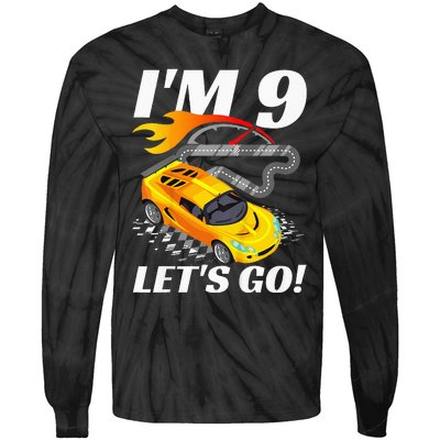 Kids 9 Year Old 9th Racing Racecar Birthday Party Tie-Dye Long Sleeve Shirt