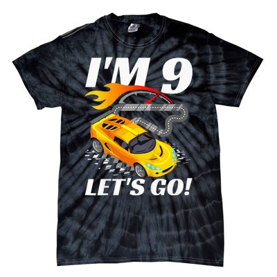 Kids 9 Year Old 9th Racing Racecar Birthday Party Tie-Dye T-Shirt