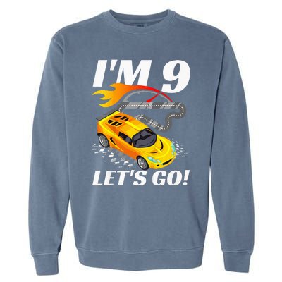 Kids 9 Year Old 9th Racing Racecar Birthday Party Garment-Dyed Sweatshirt