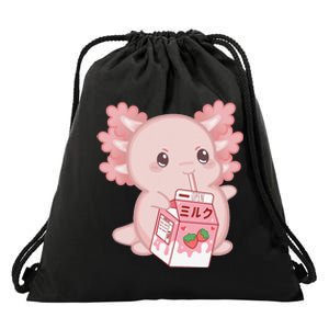 Kawaii Anime Axolotl Drinking Strawberry Milk Cute Japanese Drawstring Bag