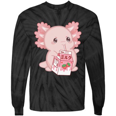 Kawaii Anime Axolotl Drinking Strawberry Milk Cute Japanese Tie-Dye Long Sleeve Shirt