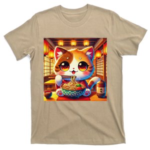 Kawaii Anime Big Eyed Cat Eating Ramen Noodles T-Shirt