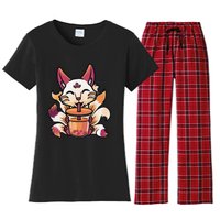 Kitsune Anime Boba Japanese Bubble Tea Cute Fox Kawaii  Women's Flannel Pajama Set