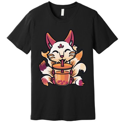 Kitsune Anime Boba Japanese Bubble Tea Cute Fox Kawaii  Premium T-Shirt