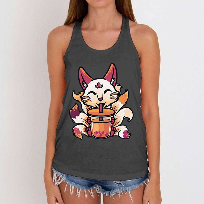 Kitsune Anime Boba Japanese Bubble Tea Cute Fox Kawaii  Women's Knotted Racerback Tank