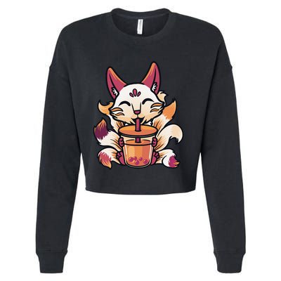 Kitsune Anime Boba Japanese Bubble Tea Cute Fox Kawaii  Cropped Pullover Crew