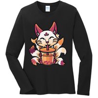 Kitsune Anime Boba Japanese Bubble Tea Cute Fox Kawaii  Ladies Long Sleeve Shirt