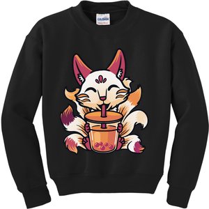 Kitsune Anime Boba Japanese Bubble Tea Cute Fox Kawaii  Kids Sweatshirt