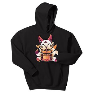 Kitsune Anime Boba Japanese Bubble Tea Cute Fox Kawaii  Kids Hoodie