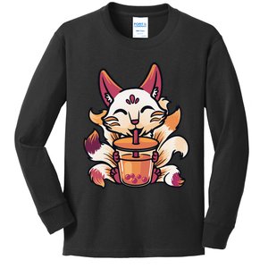 Kitsune Anime Boba Japanese Bubble Tea Cute Fox Kawaii  Kids Long Sleeve Shirt