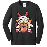 Kitsune Anime Boba Japanese Bubble Tea Cute Fox Kawaii  Kids Long Sleeve Shirt