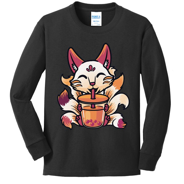 Kitsune Anime Boba Japanese Bubble Tea Cute Fox Kawaii  Kids Long Sleeve Shirt