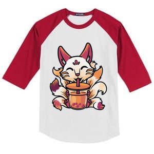 Kitsune Anime Boba Japanese Bubble Tea Cute Fox Kawaii  Kids Colorblock Raglan Jersey