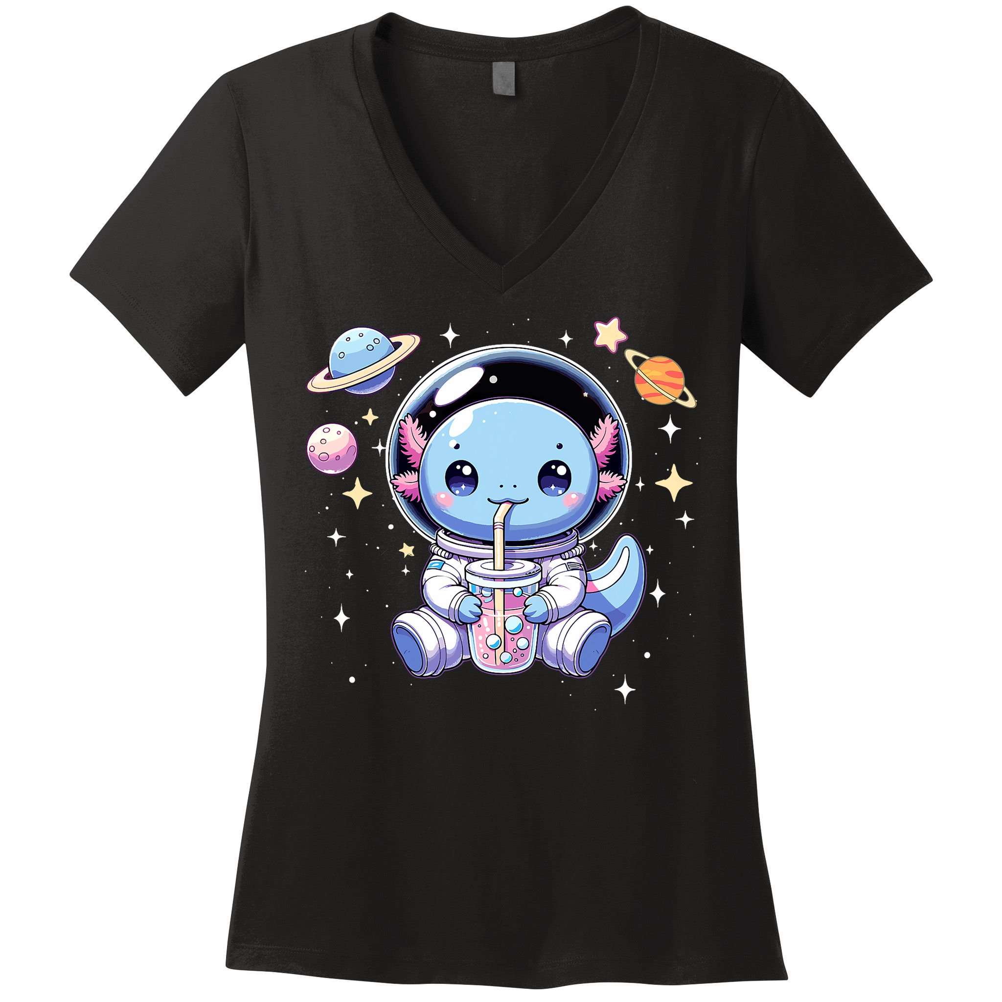 Kawaii Axolotl Bubble Tea Boba Tea Astronaut Space Axolotl Women's V-Neck T-Shirt