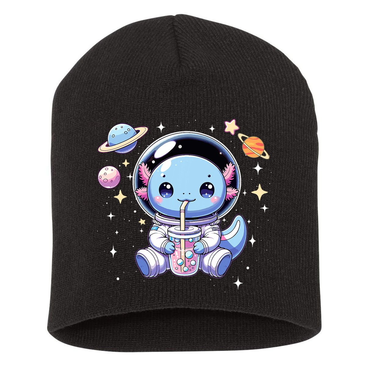 Kawaii Axolotl Bubble Tea Boba Tea Astronaut Space Axolotl Short Acrylic Beanie