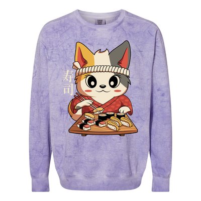 Kawaii Anime Cat Vintage Japanese Sushi Lover Cool Gift Colorblast Crewneck Sweatshirt