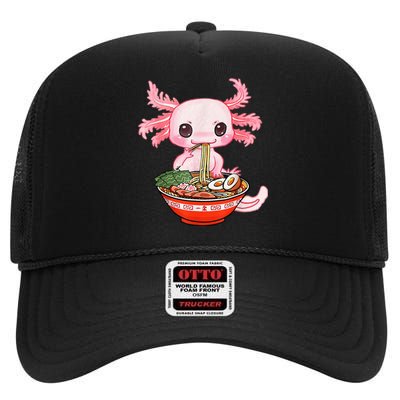 Kawaii Axolotl Eating Ramen Noodles Anime Gift Teens High Crown Mesh Back Trucker Hat