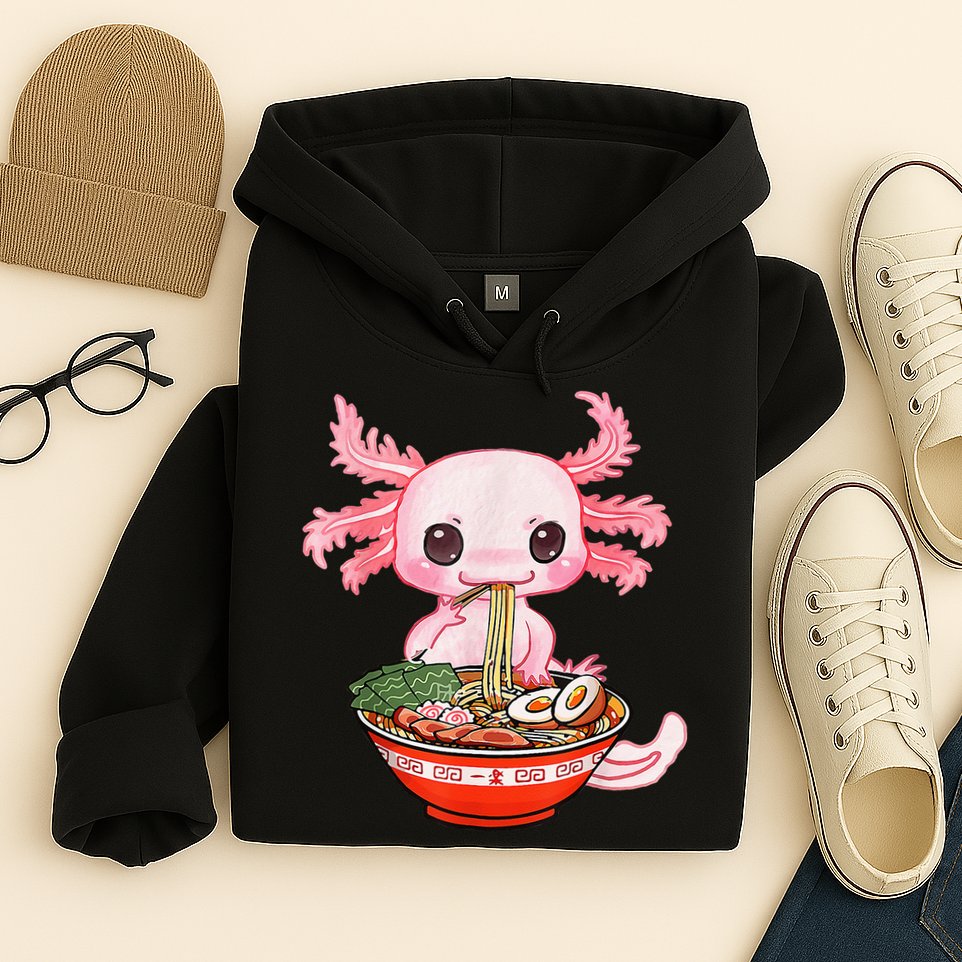 Kawaii Axolotl Eating Ramen Noodles Anime Gift Teens Hoodie