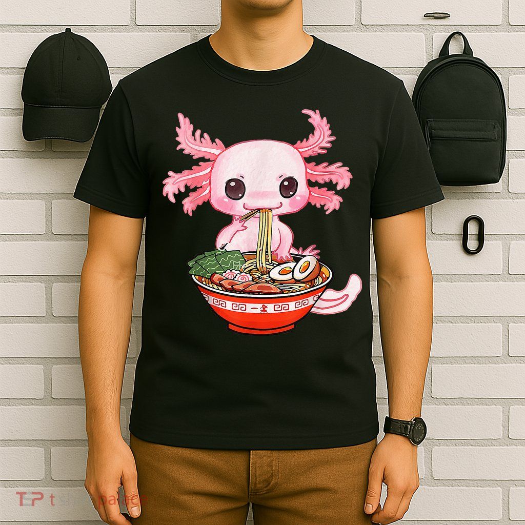 Kawaii Axolotl Eating Ramen Noodles Anime Gift Teens T-Shirt