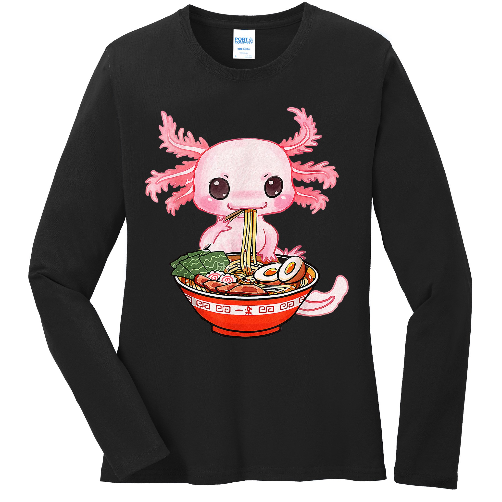 Kawaii Axolotl Eating Ramen Noodles Anime Gift Teens Ladies Long Sleeve Shirt